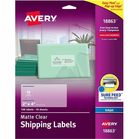 Avery(R) Matte Clear Shipping Labels, Sure Feed(R) Technology, Inkjet, 2" x 4" , 100 Labels (18863) - Permanent Adhesive - Recta