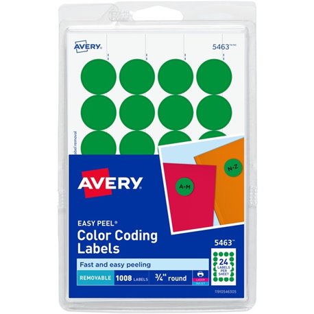 Avery Color-Coding Labels - - Width3/4" Diameter - Removable Adhesive - Round - Laser, Inkjet - Matte - Green - Paper - 24 / She