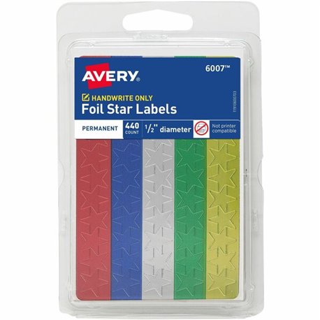 Avery Assorted Foil Star Labels - Learning Theme/Subject - Star Shape - Permanent Adhesive - 0.50" Height - Red, Blue, Silver, G