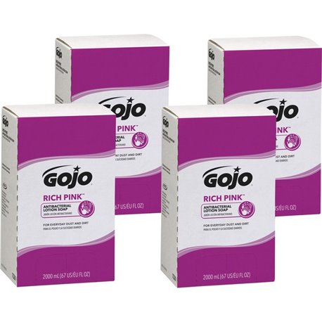 Gojo Rich Pink Antibacterial Lotion Soap Refill - 67.6 fl oz (2 L) - Soil Remover - Antibacterial - 4 / Carton