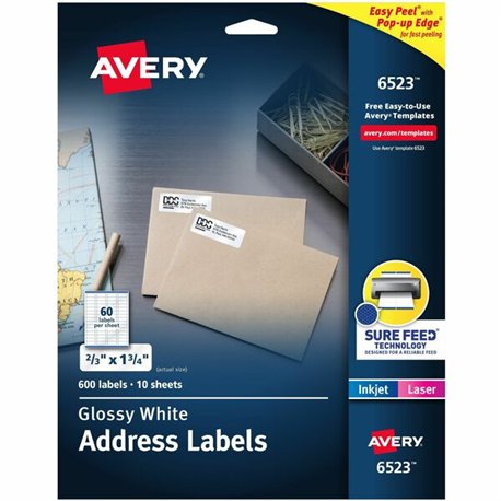Avery Address Labels, Glossy White, 2/3" x 1-3/4" , 600 Total (6523) - 2/3" Height x 1 3/4" Width - Permanent Adhesive - Rectang