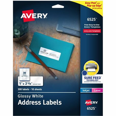 Avery Easy Peel Glossy Address Labels - 1" Width x 2 5/8" Length - Permanent Adhesive - Rectangle - Laser - White - Paper - 30 /