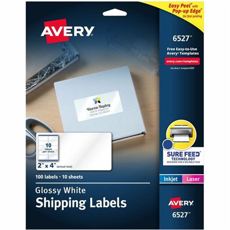 Avery Shipping Labels, Glossy White, 2" x 4" , 100 Total (6527) - 2" Height x 4" Width - Permanent Adhesive - Rectangle - Laser 