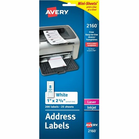 Avery Mini-Sheets Address Label - 1" Width x 2 5/8" Length - Permanent Adhesive - Rectangle - Laser, Inkjet - White - Paper - 8 