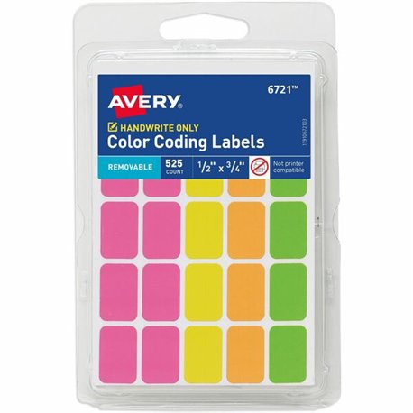 Avery Removable Labels, 1/2" x 3/4" , Neon, 525 Total (6721) - 3/4" Height x 1/2" Width x 3/4" Length - Removable Adhesive - Rec