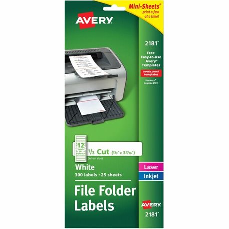 Avery File Folder Labels - 21/32" Width x 3 7/16" Length - Permanent Adhesive - Rectangle - Laser, Inkjet - White - Paper - 12 /