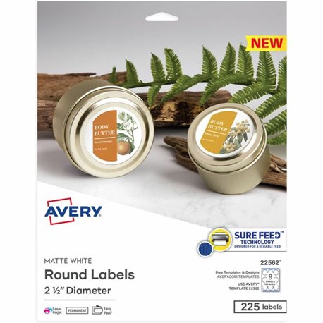 Avery Matte White Sure Feed Labels - - Width2 1/2" Diameter - Permanent Adhesive - Round - Laser, Inkjet - White - Paper - 9 / S