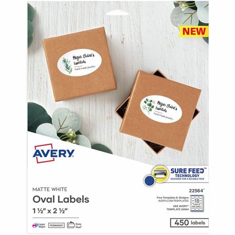 Avery Matte White Sure Feed Labels - 1 1/2" Height x 2 1/2" Width - Permanent Adhesive - Oval - Laser, Inkjet - White - Paper - 