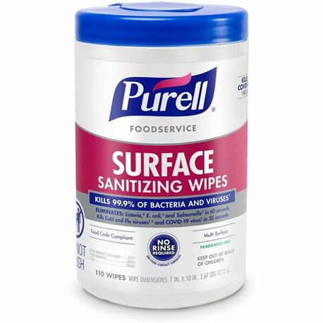 PURELL Foodservice Surface Sanitizing Wipes - Ready-To-Use - 10" Length x 7" Width - 110 / Canister - 1 Each - Rinse-free, Fragr