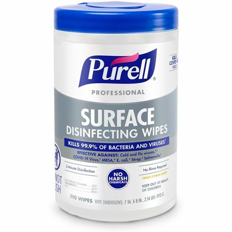 PURELL Professional Surface Disinfecting Wipes - Ready-To-Use - Fresh Citrus Scent - 8" Length x 7" Width - 110 / Canister - 1 E