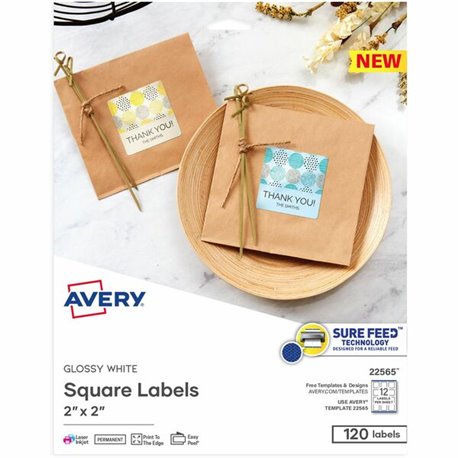 Avery Sure Feed Glossy White Square Labels - 2" Width x 2" Length - Permanent Adhesive - Square - Laser, Inkjet - White - Paper 