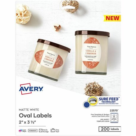 Avery Matte White Sure Feed Labels - 2" Width x 3 21/64" Length - Permanent Adhesive - Oval - Laser, Inkjet - White - Paper - 8 