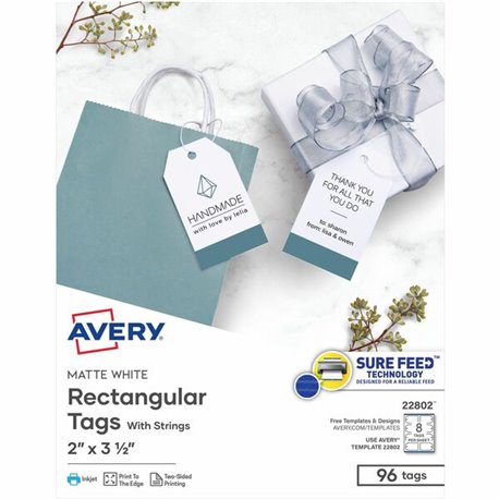 Avery Printable Tags with String - 2" Length x 3.50" Width - Rectangular - String Fastener - 96 / Pack - Card Stock - White, Mat