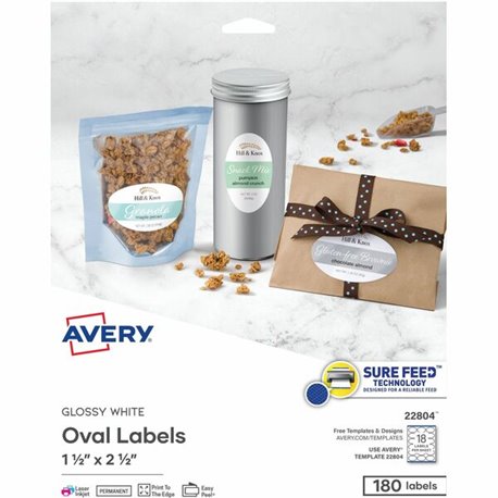 Avery Glossy White Oval Labels1�" x 2�" - 2 1/2" Width x 1 1/2" Length - Permanent Adhesive - Oval - Laser, Inkjet - White - Pap