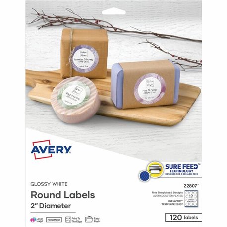 Avery Glossy White Round Labels2" Diameter - - Width2" Diameter - Permanent Adhesive - Round - Laser, Inkjet - Bright White - Pa