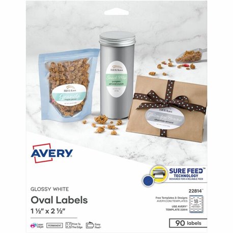 Avery Sure Feed Printable Glossy White Labels - Permanent Adhesive - Oval - Laser, Inkjet - White - Paper - 18 / Sheet - 90 Tota