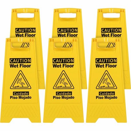 Genuine Joe Universal Graphic Wet Floor Sign - 6 / Carton - English, Spanish - Wet Floor Print/Message - Foldable - Yellow