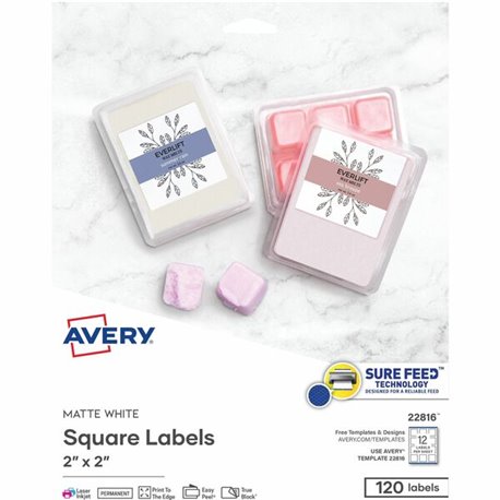 Avery Print-to-the-Edge Easy Peel Square Labels - Permanent Adhesive - Square - Laser, Inkjet - Matte White - Paper - 12 / Sheet