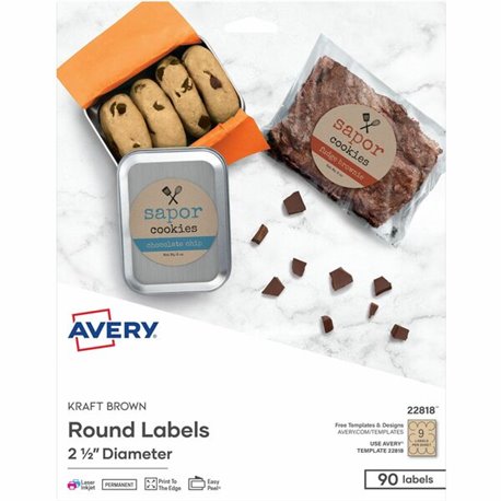 Avery Print-To-The-Edge Kraft Brown Labels - Permanent Adhesive - Round - Laser, Inkjet - Kraft Brown - Paper - 9 / Sheet - 50 T