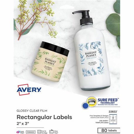 Avery Glossy Clear Rectangle Labels2" x 3" - 2" Width x 3" Length - Permanent Adhesive - Rectangle - Laser, Inkjet - Crystal Cle