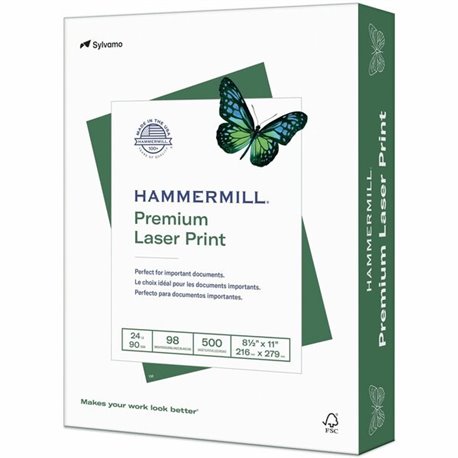 Hammermill Premium Paper for Copy - White - 98 Brightness - Letter - 8 1/2" x 11" - 24 lb Basis Weight - Ultra Smooth - 500 / Re