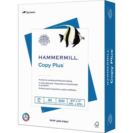 Hammermill Copy Plus Paper - White - 92 Brightness - Letter - 8 1/2" x 11" - 20 lb Basis Weight - 500 / Ream - Acid-free, Quick 