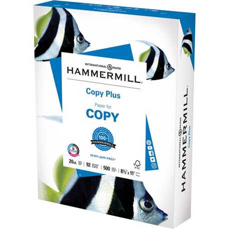 Hammermill Copy Plus Paper - White - 92 Brightness - Letter - 8 1/2" x 11" - 20 lb Basis Weight - 75 g/m&178 Grammage - 5 / Cart