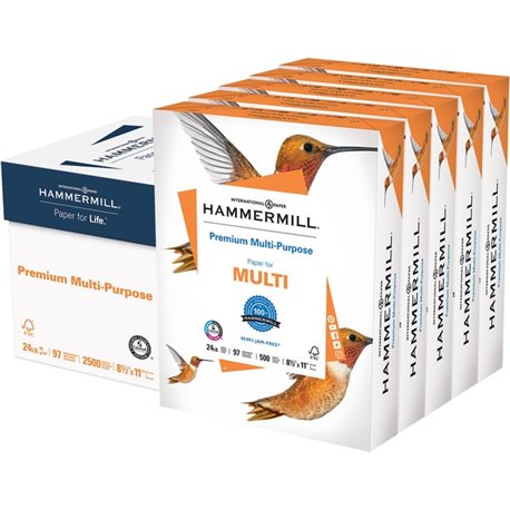 Hammermill Premium Multipurpose Paper- 5 Ream - White - 97 Brightness - Letter - 8 1/2" x 11" - 24 lb Basis Weight - 2500 / Cart