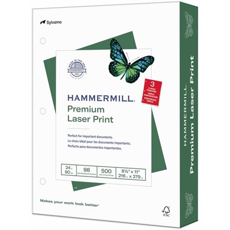 Hammermill Premium 3HP Laser Print Paper - White - 98 Brightness - Letter - 8 1/2" x 11" - 24 lb Basis Weight - Ultra Smooth - 5