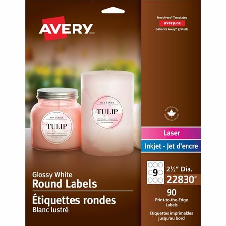 Avery Glossy White Round Labels2�" - - Width2 1/2" Diameter - Permanent Adhesive - Round - Laser, Inkjet - Bright White - Paper 