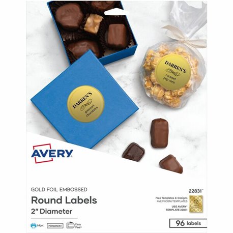 Avery Promotional Label - - Width2" Diameter - Permanent Adhesive - Round - Inkjet - Gold - Paper - 12 / Sheet - 8 Total Sheets 