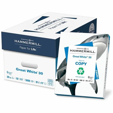 Hammermill Great White Recycled Copy Paper - White - 92 Brightness - Letter - 8 1/2" x 11" - 20 lb Basis Weight - 10 / Carton - 