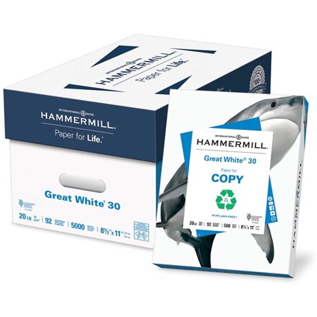 Hammermill Great White Recycled Copy Paper - White - 92 Brightness - Letter - 8 1/2" x 11" - 20 lb Basis Weight - 400 / Pallet -