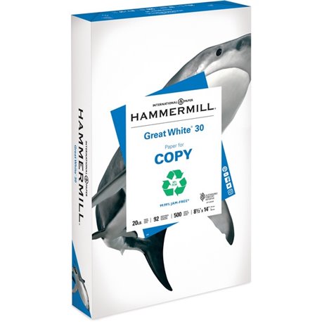 Hammermill Great White Recycled Copy Paper - White - 92 Brightness - Legal - 8 1/2" x 14" - 20 lb Basis Weight - 1 / Ream - Acid