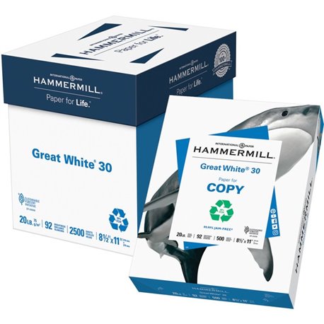 Hammermill Great White 30 Copy Paper - White - 92 Brightness - Letter - 8 1/2" x 11" - 20 lb Basis Weight - 75 g/m&178 Grammage 