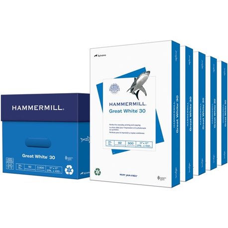 Hammermill Great White Recycled Copy Paper - White - 92 Brightness - 11" x 17" - 20 lb Basis Weight - 1 / Ream - Acid-free, Mois