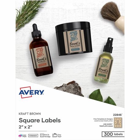 Avery Promotional Label - 2" Width x 2" Length - Permanent Adhesive - Square - Laser, Inkjet - Kraft Brown - Paper - 12 / Sheet 