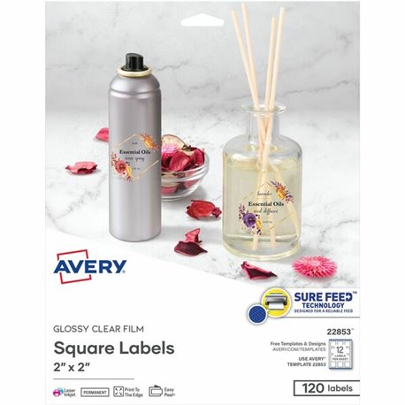 Avery Sure Feed Glossy Labels - 2" Width x 2" Length - Permanent Adhesive - Square - Laser, Inkjet - Crystal Clear - Film - 12 /