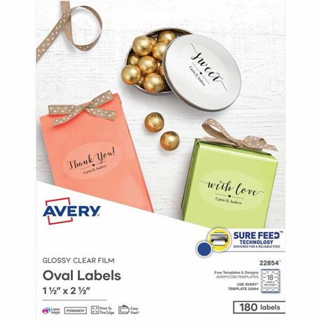 Avery Sure Feed Glossy Labels - 1 1/2" Width x 2 1/2" Length - Permanent Adhesive - Oval - Laser, Inkjet - Crystal Clear - Film 