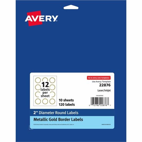 Avery Easy Peel Round Labels - - Width2" Diameter - Permanent Adhesive - Round - Inkjet, Laser - White, Metallic Gold - Paper - 