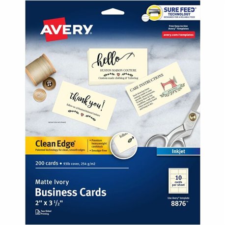 Avery Clean Edge Business Cards, 2" x 3.5" , Ivory, 200 (08876) - 90 Brightness - 2" x 3 1/2" - 93 lb Basis Weight - 254 g/m&178