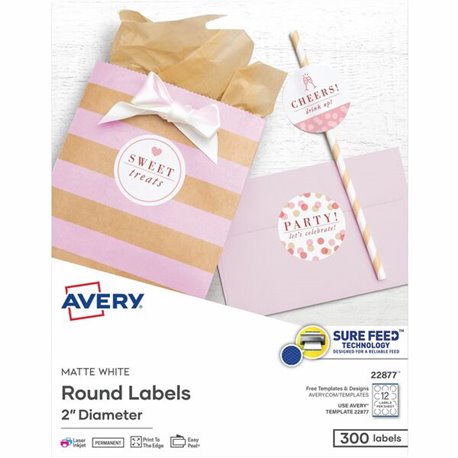 Avery Easy Peel Labels -Sure Feed - Print-to-the-Edge - - Width2" Diameter - Permanent Adhesive - Round - Laser, Inkjet - White 