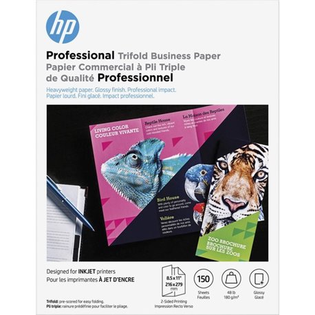 HP Professional Trifold Business Paper - White - Letter - 8 1/2" x 11" - 48 lb Basis Weight - 180 g/m&178 Grammage - Glossy - 15