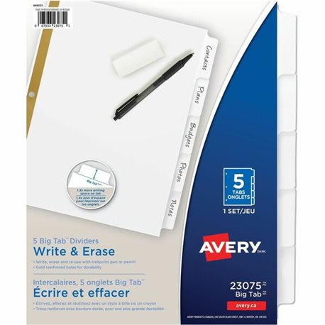 Avery Big Tab Write & Erase Dividers 5 Tab5 tabs - 5 x Divider(s) - 5 Write-on Tab(s) - 5 - 5 Tab(s)/Set - 8.5" Divider Width x 