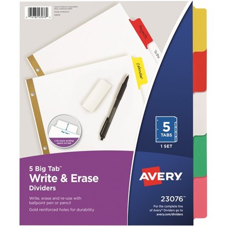 Avery Big Tab Write & Erase Dividers - 5 x Divider(s) - 5 Write-on Tab(s) - 5 - 5 Tab(s)/Set - 8.5" Divider Width x 11" Divider 