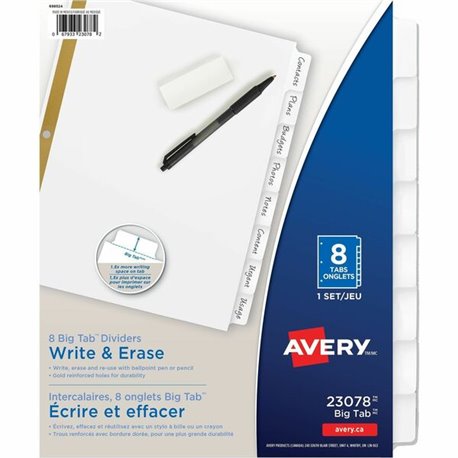 Avery Big Tab Write & Erase Dividers 8 Tabs 8 tabs - 8 x Divider(s) - 8 Write-on Tab(s) - 8 - 8 Tab(s)/Set - 8.5" Divider Width 