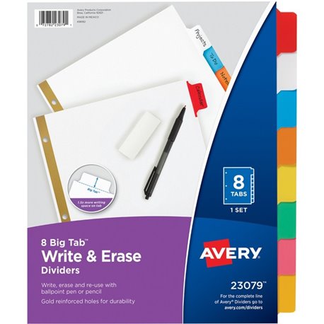 Avery Big Tab Write & Erase Dividers - 8 x Divider(s) - 8 Write-on Tab(s) - 8 - 8 Tab(s)/Set - 8.5" Divider Width x 11" Divider 