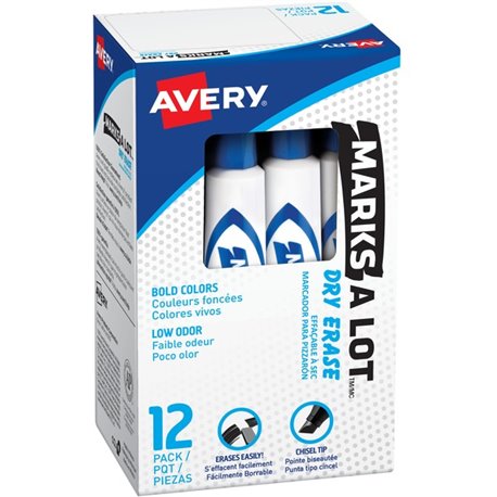 Avery Marks A Lot Desk-Style Dry Erase Marker - Chisel Marker Point Style - Blue - White Barrel - 1 Dozen