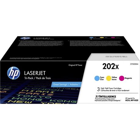 HP 202X (CF500XM) Original High Yield Laser Toner Cartridge - Multi-pack - Cyan, Magenta, Yellow - 1 Each - 2500 Pages Cyan, 250