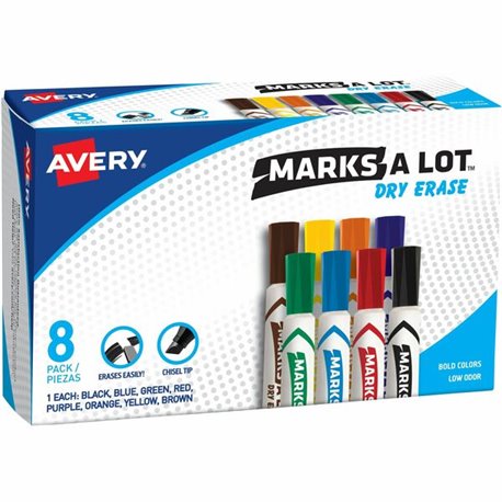 Avery Marks A Lot Desk-Style Dry-Erase Markers - Chisel Marker Point Style - Black, Blue, Red, Green, Purple, Yellow - 8 / Box